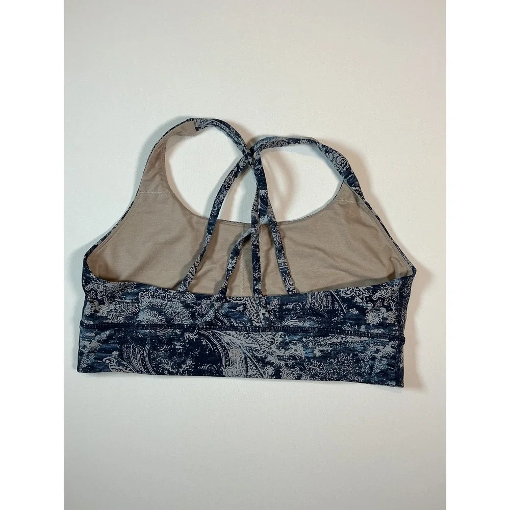 Lululemon Energy Bra Long Line Paisley Navy Gray Strappy Yoga Size 10